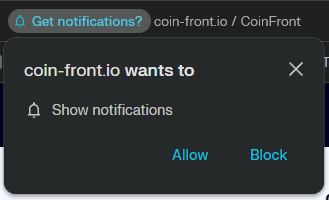 Browser permission prompt: "coin-front.io wants to Show notifications" with Allow / Block buttons