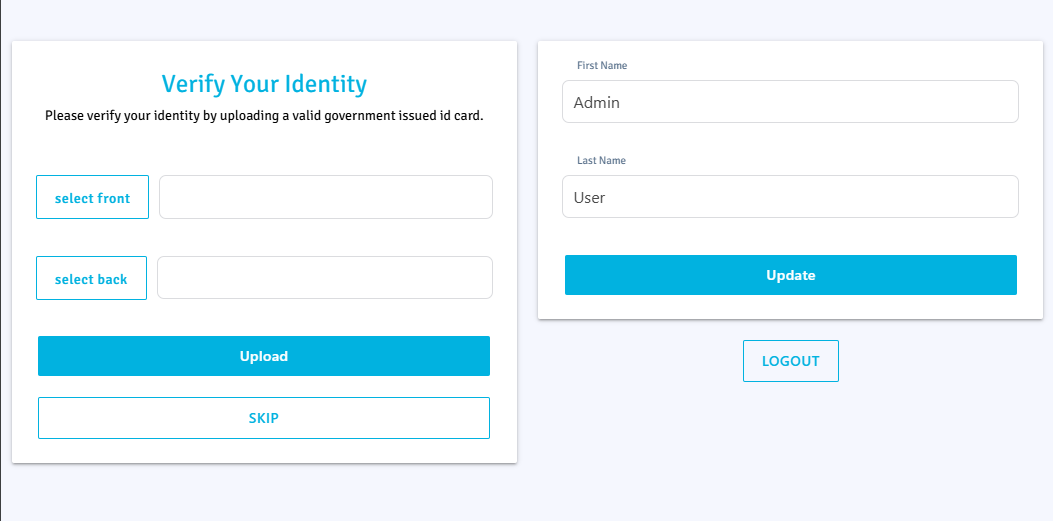 CoinFront "Verify Your Identity" page asking for a government issued ID front and back upload, with a SKIP button below the Upload button. Right side shows the account profile card with First Name "Admin" and Last Name "User".